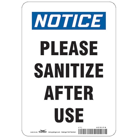 Please Sanitize After Use Sign, 7 W X 10 H, English, Aluminum