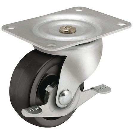 2 X 13/16 Non-Marking Polyolefin Swivel Caster, Side Brake, Loads Up To 125 Lb