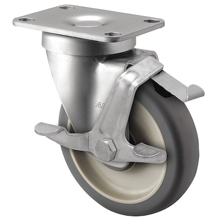 5 X 1-1/4 Non-Marking Polyurethane Swivel Caster, Face Contact Brake, Loads Up To 250 Lb