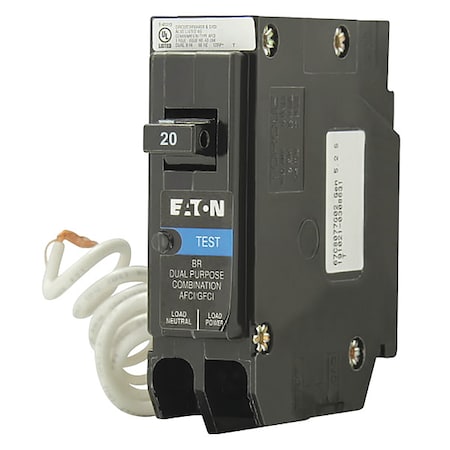 Circuit Breaker, 20 A, 120V AC, 1 Pole, Plug In Mounting Style, BR Series