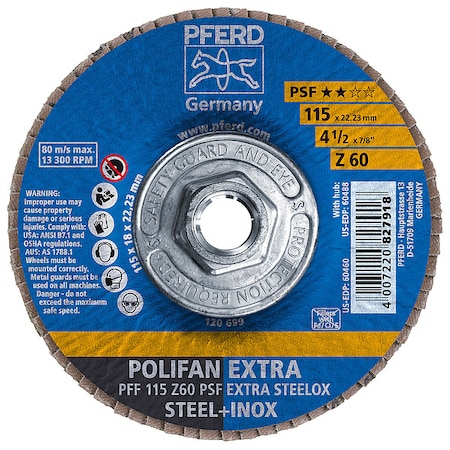 4-1/2 X 5/8-11 Thd. POLIFAN® Flap Disc - Z PSF EXTRA STEELOX, Zirconia, 60 Grit, Flat