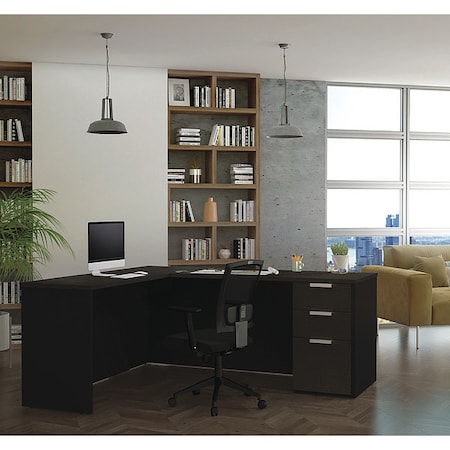 L Shaped Desk, 62-29/32 D, 71.1 W, 29.7 H, Deep Gray/Black, Melamine