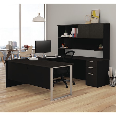 U Shaped Desk, 92.4 D, 71.1 W, 70.1 H, Deep Gray/Black, Melamine