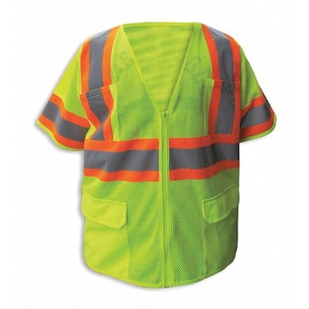 Safety Vest,Lime,Cls3,Org Stripe,Zip-2XL