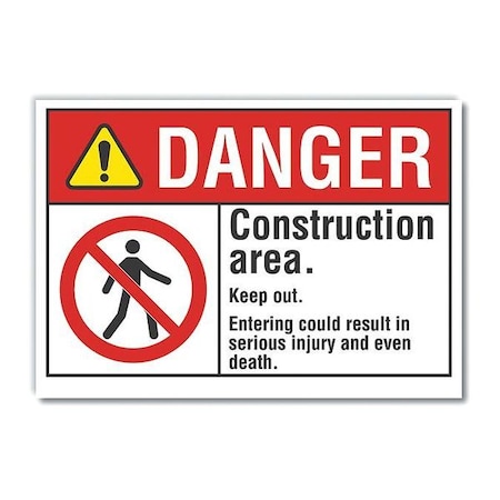 Construction Area Danger Reflective Label, 10 In Height, 14 In Width, Reflective Sheeting, English