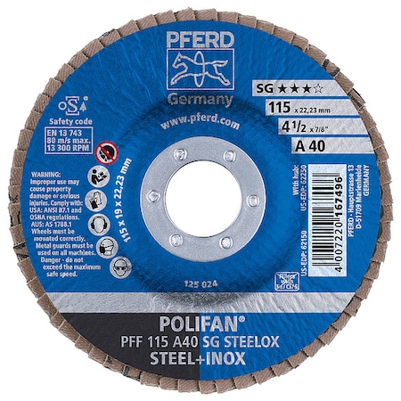 4-1/2 X 7/8 A.H. POLIFAN® Flap Disc - A SG STEELOX, Aluminum Oxide, 40 Grit, Flat