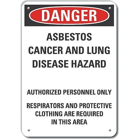 Reflective  Asbestos  Danger Sign, 10 In Height, 7 In Width, Aluminum, Horizontal Rectangle