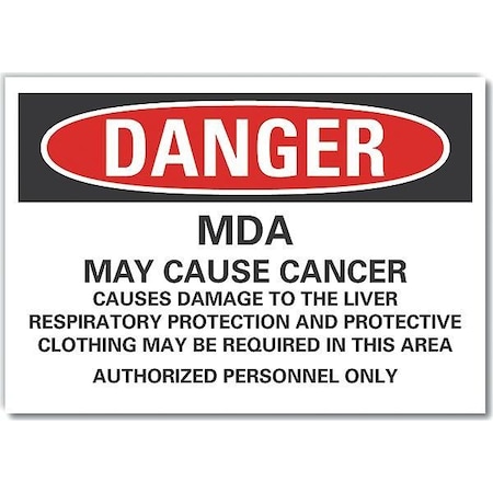 Mda Danger Label, 5 In Height, 7 In Width, Polyester, Horizontal Rectangle, English