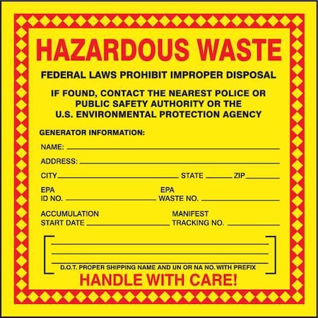 Hazardous Waste Label,Red/Yellow,PK100, MHZW20PSC