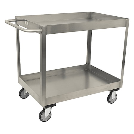 Stainless Steel Corrosion-Resistant Utility Cart With Deep Lipped Metal Shelves, Flat, 2 Shelves