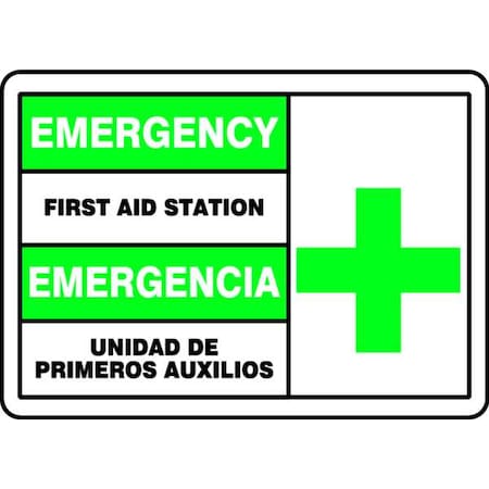 Spanish-Bilingual First Aid Sign, 7 In Height, 10 In Width, Vinyl, Rectangle, English, Spanish