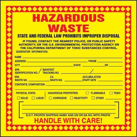 California Hazardous Waste Label,PK25