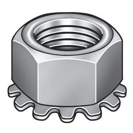 External Tooth Lock Washer Lock Nut, 3/8-24, 18-8 Stainless Steel, Not Graded, Plain, 25/64 In Ht