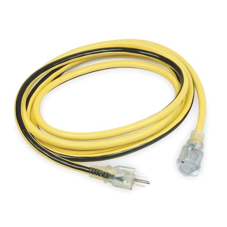 Lighted Extension Cord, 12 AWG, 10 Ft, 3 Conductors, SJTW, 125V AC, NEMA 5-15, Yellow/Black Stripe