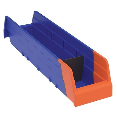 Shelf Storage Bin, Blue/Orange, Plastic, 17 7/8 In L X 4 1/8 In W X 4 In H, 15 Lb Load Capacity