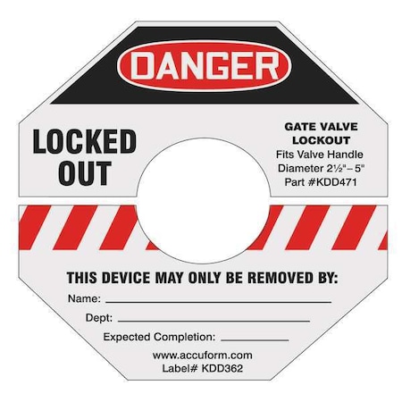Gate Valve Lockout Label,8 In. H,8 In. W, KDD366RD