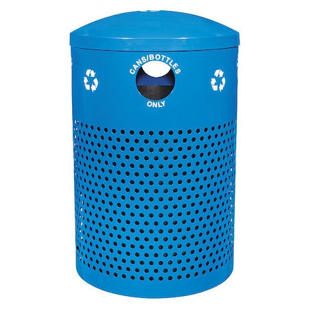 40 Gal Round Recycling Bin, Dome, Blue, Steel, 4 Openings
