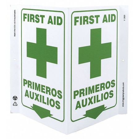 First Aid Sign, 11 Height, 7 Width, Plastic, V-Shaped, English, Spanish