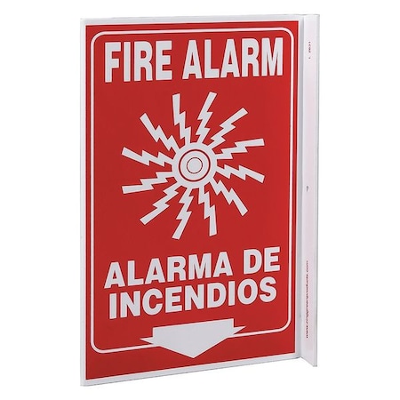 Fire Alarm Sign, 11 In Height, 8 In Width, Plastic, L-Shaped, English, Spanish