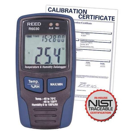 Temperature And Humidity Datalogger, -40 To 158°F (-40 To 70°C), 0-100%RH With NIST Calibration Certificate