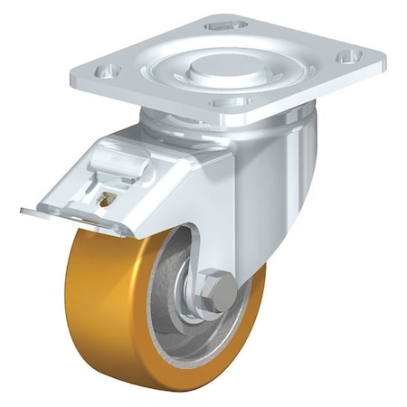 Swivel Plate Caster, PU, 5, Brake, Caster Wheel/Tread Material: Cast Iron/Polyurethane Elastomer