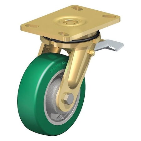 Swivel Plate Caster, PU, 5, Brake, Caster Wheel/Tread Material: Cast Iron/Polyurethane