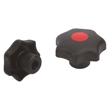 Star Grip, DIN 6336 Similar, D=12, D1= 63, Drilled Through, Entirely Plastic, Black, Cap: Yellow