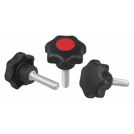 Star Grip, DIN 6336 Similar, D=M06X60, D1= 25, External Thread, Steel, Black Plastic, Cap: Gray