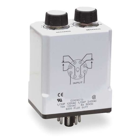 Time Delay Relay, 120VAC/DC, 10A, DPDT, Mounting - Relay: Plug In