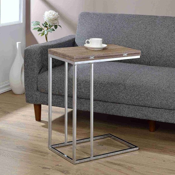 Rectangular Swivel Wooden Top End Table In Gray Oak And Chrome