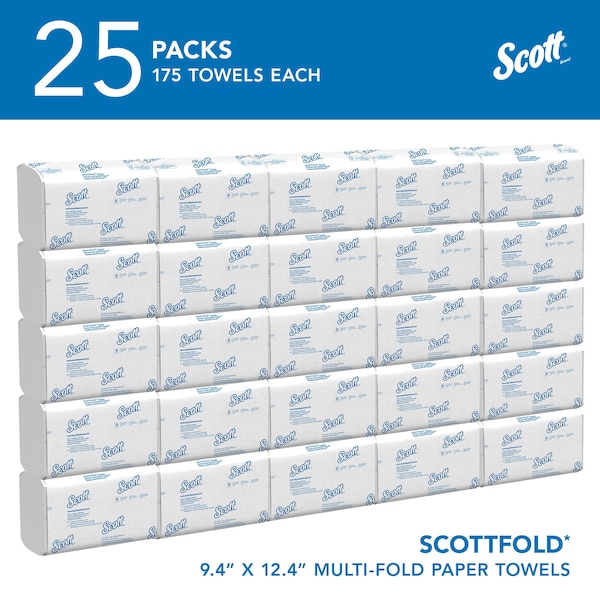 Scottfold Multifold Paper Towels, 9.4 X 12.4 Sheets, White, (175 Sheets/Pack, 25 Packs/Case)