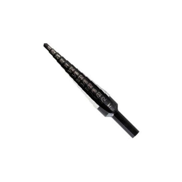 Step Drill Bit, 13 Hole Sizes, 1/8 In To 1/2 In, 1/32 In Step Increments, Black Oxide Finish