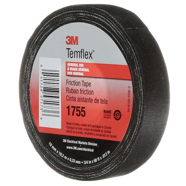 Cloth Friction Tape, 1755, Temflex, 3/4 In W X 60 Ft L, 13 Mil Thick, Black, 1 Pack