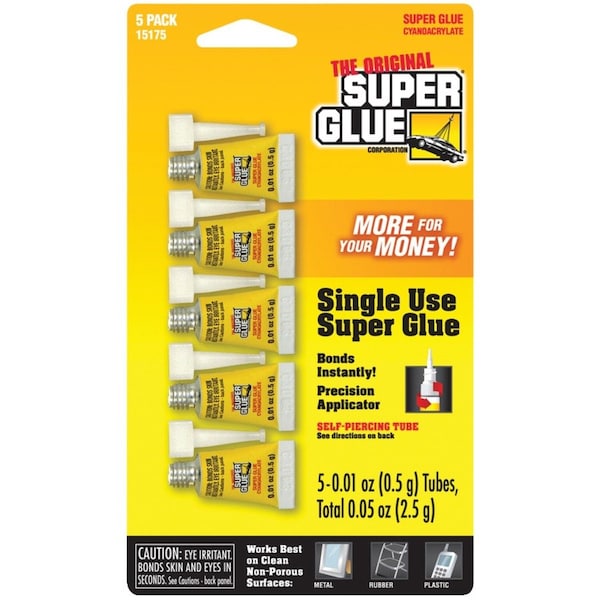 Instant Adhesive, 0.05 Fl Oz, Tube, Clear, 5 Pack