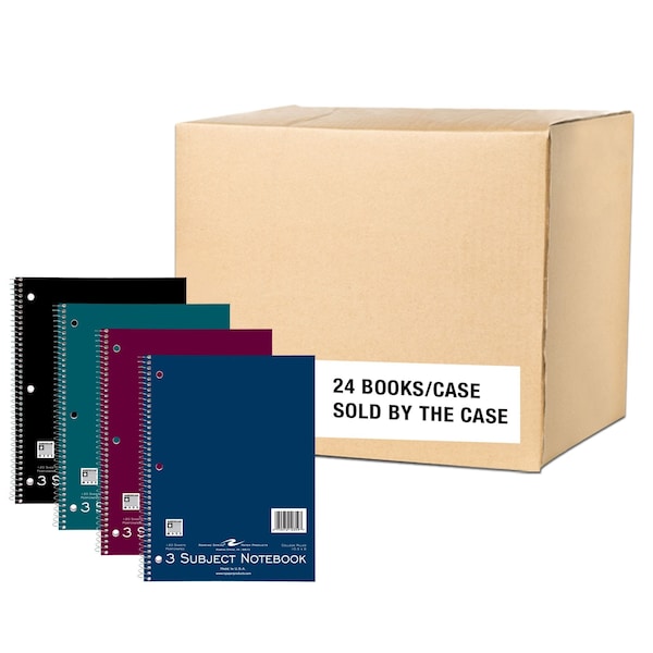 Case Of 3 Sub Wirebound Notebooks, 10.5x8, 120 Sht, Asstd. Cover Colors, College Ruled W/Margin