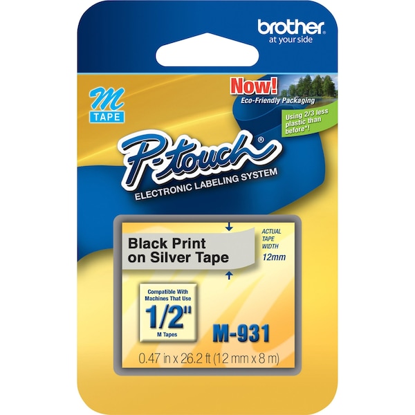 Adhesive Label Tape Cartridge 0.47 X 26-1/5 Ft., Black/Silver