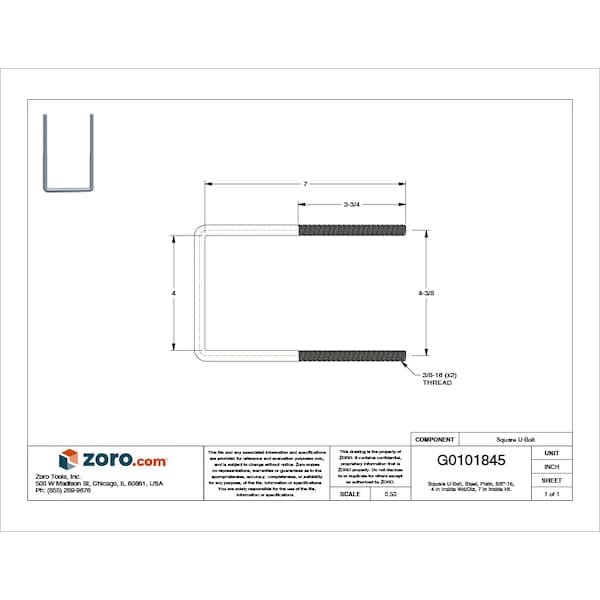 Square U-Bolt, 3/8-16, 7 In Inside Ht, 4 In Inside Wd/Dia, Steel