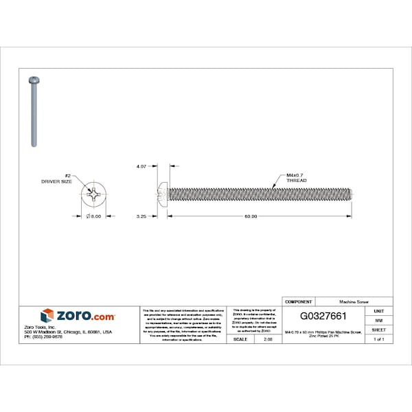 M4-0.70 X 60 Mm Phillips Pan Machine Screw, Zinc Plated Steel, 25 PK