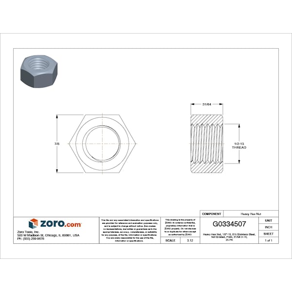 Heavy Hex Nut, 1/2-13, 316 Stainless Steel, Not Graded, Plain, 31/64 In Ht, 25 PK