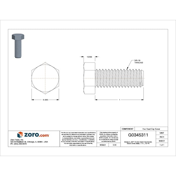 Grade 5, 3/8-16 Hex Head Cap Screw, Black Oxide Steel, 1 In L, 50 PK