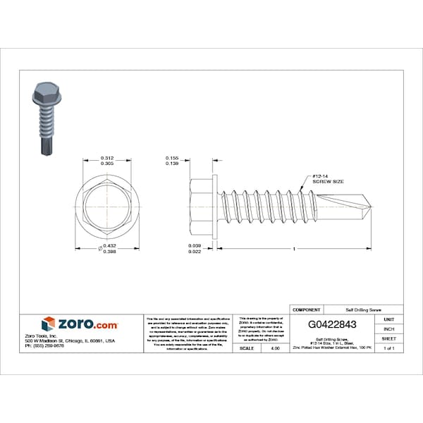 Self-Drilling Screw, #12 X 1 In, Zinc Plated Steel Hex Head External Hex Drive, 100 PK