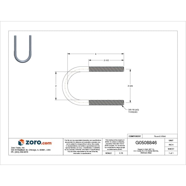 Round U-Bolt, 3/8-16, 2 In Wd, 4 In Ht, Plain Stainless Steel