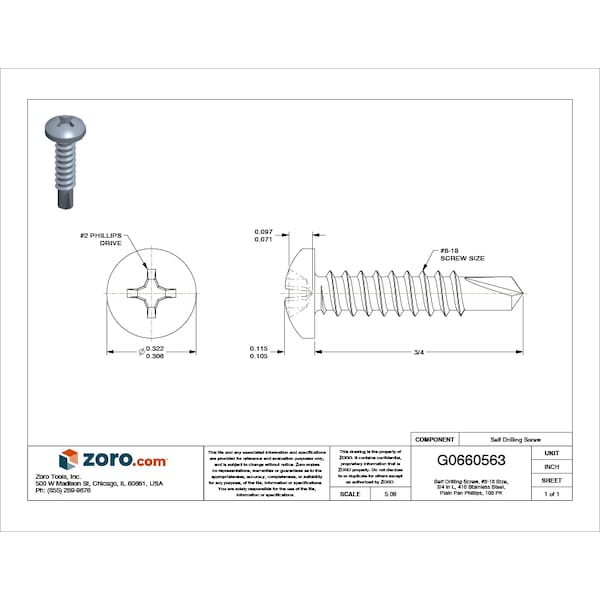 Self-Drilling Screw, #8 X 3/4 In, Plain 410 Stainless Steel Pan Head Phillips Drive, 100 PK