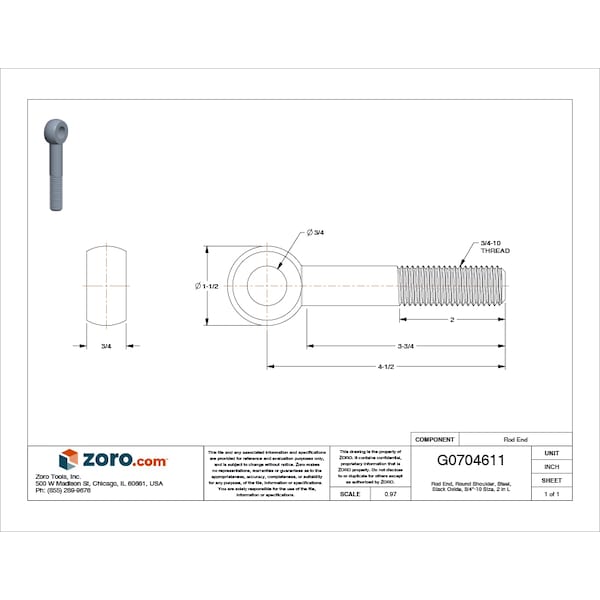 Eye Bolt With Shoulder, 3/4-10, 3-3/4 In Shank, 3/4 In ID, Steel, Black Oxide