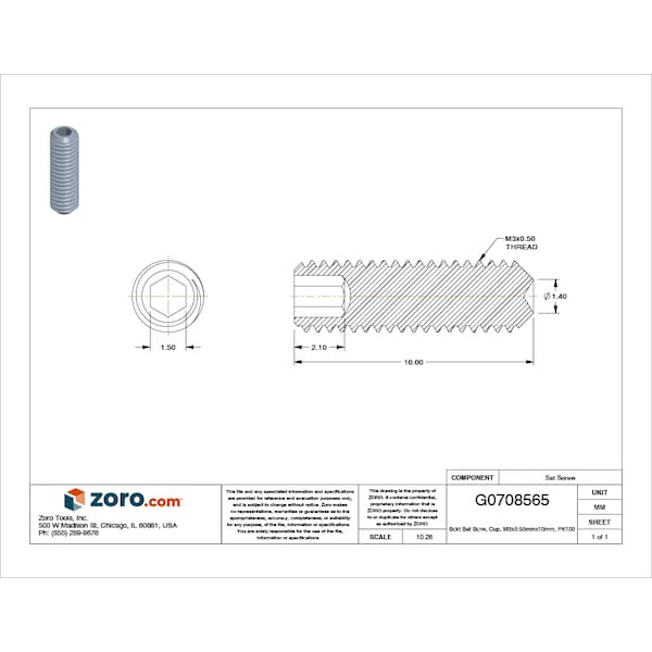 Sckt Set Scrw,Cup,M3x0.50mmx10mm,PK100