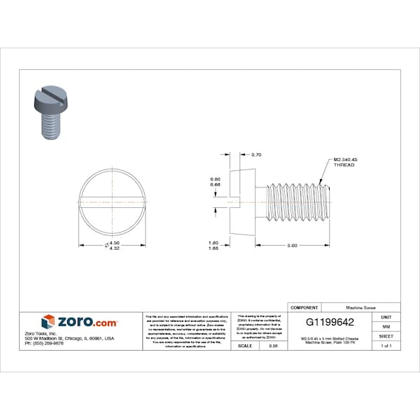 M2.5-0.45 X 5 Mm Slotted Cheese Machine Screw, Plain 18-8 Stainless Steel, 100 PK