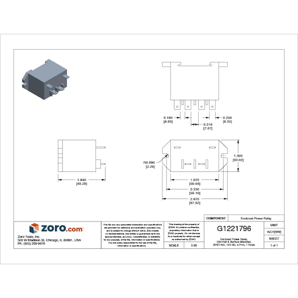 Enclosed Power Relay, DIN-Rail & Surface Mounted, SPST-NO, 12V DC, 4 Pins, 1 Poles