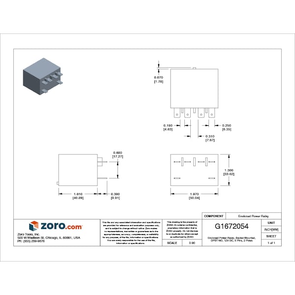 Enclosed Power Relay, Socket Mounted, DPST-NO, 12V DC, 6 Pins, 2 Poles