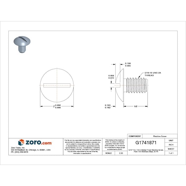 5/16-18 X 1/2 In Slotted Truss Machine Screw, Plain 18-8 Stainless Steel, 25 PK