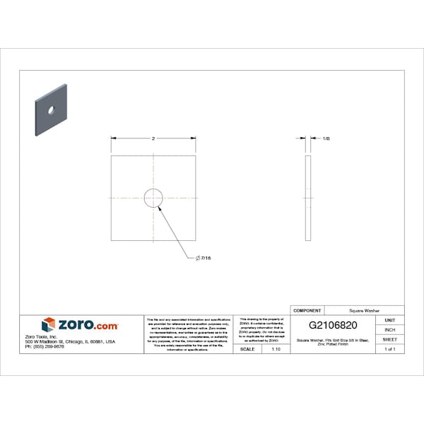 Square Washer, Fits Bolt Size 3/8 In Low Carbon Steel, Zinc Plated Finish